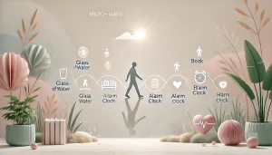Une silhouette humaine marche doucement sur un chemin composé de petites icônes représentant des micro-habitudes : un verre d’eau, un livre, un réveil, un cœur… Le fond est pastel, inspiré de la nature ou d’un espace de travail zen. L’ambiance est calme, minimaliste et motivante.