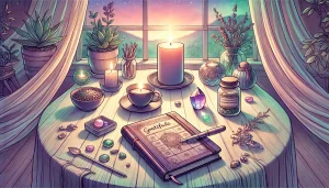 Une illustration chaleureuse représentant une table dédiée aux petits rituels quotidiens. Une bougie allumée diffuse une lumière douce à côté d’un journal de gratitude avec un stylo posé dessus, d’une tasse de tisane et d’un petit bol d’herbes fumantes. L’ensemble est baigné d’une lumière naturelle du matin, dans une palette harmonieuse de rose, violet, vert et bleu. L’atmosphère invite au calme, à l’introspection et à la reconnexion à soi.