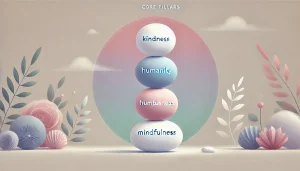L’image illustre symboliquement les trois piliers : Bienveillance – Humanité – Pleine conscience, à travers la métaphore des pierres empilées dans une ambiance pastel, naturelle et poétique
