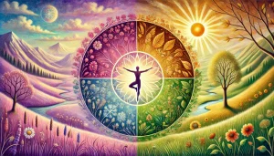 Image colorée, représentant la roue des saisons avec une silhouette humaine au centre en position de yoga. Représente le thème du cycle de transformation intérieure.