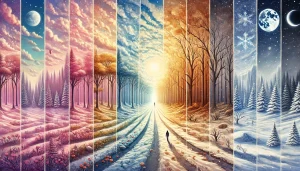 Une illustration poétique représentant un chemin forestier traversant les quatre saisons. Le sentier débute dans un paysage printanier fleuri, évolue vers un été lumineux, glisse ensuite dans une forêt aux teintes automnales orangées, pour se terminer dans un décor hivernal enneigé. Au centre, une silhouette humaine avance paisiblement, incarnant le voyage intérieur. Le ciel évolue lui aussi, passant du lever du soleil à la nuit étoilée, symbolisant le cycle du temps et de la transformation personnelle. L’ensemble dégage une atmosphère paisible, inspirante et introspective.