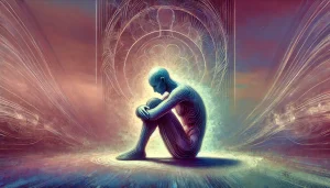 Une illustration symbolique représentant une personne recroquevillée dans un décor flou et tamisé, exprimant un état de repli ou de fatigue intérieure. Autour de la silhouette, un champ énergétique fissuré ou diffus se désagrège en motifs abstraits, suggérant un affaiblissement de l’énergie vitale. L’ambiance est douce mais mélancolique, avec des teintes atténuées de rose, violet, bleu et vert, évoquant un déséquilibre subtil dans un contexte introspectif.