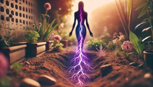 Image d’une silhouette humaine enracinée dans le sol, entourée d’une nature paisible. Des racines lumineuses symbolisent l’ancrage à la Terre, dans une atmosphère chaleureuse et centrée.