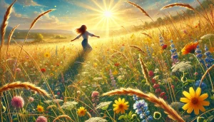 Une illustration représentant l’été dans une prairie ensoleillée. Une personne danse avec joie au milieu d’un champ vibrant de hautes herbes et de fleurs sauvages, baigné par une lumière dorée. Le soleil brille dans un ciel bleu clair, projetant une lumière chaude sur le paysage. L’atmosphère évoque la liberté, l’énergie et le bonheur propre à la saison estivale. Les couleurs dominantes sont le jaune doré, le vert vif, le bleu doux et quelques touches de rose ensoleillé. 