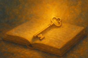 Clé ancienne dorée posée sur un livre ouvert aux pages patinées, symbolisant la quête intérieure et la connaissance comme voie vers la liberté.