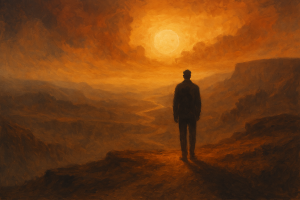  Silhouette solitaire au bord d’une falaise, contemplant un paysage infini baigné de lumière dorée, incarnant la liberté existentielle selon Jean-Paul Sartre.