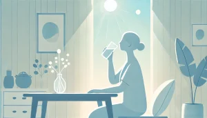 Une personne est assise, buvant calmement un verre d’eau. La scène est lumineuse, avec un fond bleu pastel et une ambiance paisible. L’image évoque un moment de bien-être simple et revitalisant.