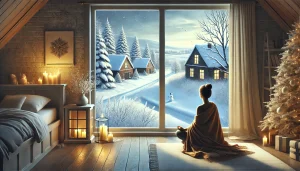 Une illustration réaliste montrant un paysage hivernal enneigé vu depuis l’intérieur d’une pièce chaleureuse. Une personne est assise près d’une grande fenêtre, méditant, enveloppée dans une couverture. Dehors, la neige tombe doucement sur les arbres et les toits sous un ciel bleu-gris. À l’intérieur, la lueur douce de bougies crée une ambiance paisible et introspective.