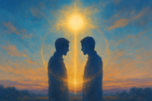 Deux silhouettes humaines baignant dans une lumière dorée, unies par un halo central, symbolisant l’harmonie entre liberté individuelle et lien profond à l’autre.