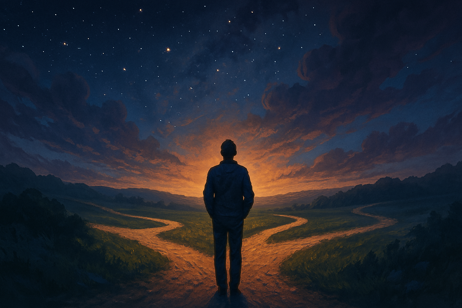 Une silhouette se tient debout devant un croisement de chemin. Représentant le libre arbitre, la liberté de choisir.