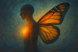 Figure humaine rayonnante se métamorphosant en papillon dans un paysage abstrait, illustrant la transformation intérieure et la liberté spirituelle.