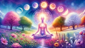 Une illustration montrant une silhouette humaine translucide en méditation, centrée dans un paysage naturel qui évolue de gauche à droite selon les saisons : fleurs printanières et lever de soleil, lumière dorée d'été et feuillage vert, feuilles tombantes et teintes chaudes pour l'automne, puis flocons de neige et lune brillante en hiver. Des symboles solaires et lunaires flottent au-dessus de la tête de la silhouette, illustrant son alignement énergétique avec les cycles de la nature.