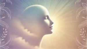 Un visage serein regarde le ciel, doucement éclairé par une lumière diffuse. L’ambiance est spirituelle et silencieuse, évoquant la quête de sens, la guidance intérieure et la présence invisible et la communication avec les esprits.