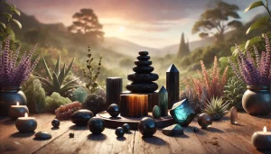 Une illustration réaliste montrant quatre pierres de protection posées sur une surface naturelle. On y voit une tourmaline noire mate, un œil de tigre aux reflets dorés, une obsidienne noire brillante et une labradorite aux éclats bleu-vert irisés. La scène est éclairée par une lumière douce qui met en valeur les textures et les nuances de chaque cristal. L’arrière-plan flouté, aux tons doux de rose, violet, bleu et vert, évoque un environnement apaisant, ancré et propice à la protection énergétique.