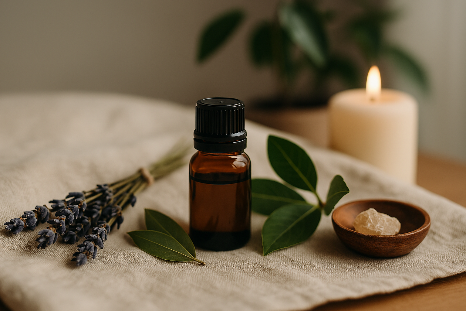 Flacon d'huile essentielle entouré de lavande séchée, feuilles de laurier et résine d'encens, posé sur un tissu naturel avec une bougie