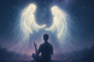 Illustration d’un être humain méditant sous un ciel étoilé, recevant la visite de deux guides de lumière éthérés, entourés d’auras brillantes descendant doucement du ciel.