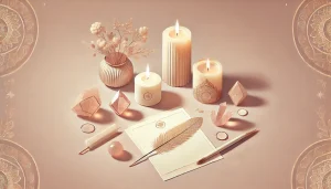 Bien se préparer à communiquer avec les esprits. Un autel intime avec des bougies allumées, des cristaux, une plume et une feuille de papier. La lumière est douce et chaleureuse. L’ensemble évoque un moment de préparation spirituelle, de recueillement et d’intériorité paisible.