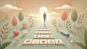 Illustration douce et symbolique d’une silhouette humaine marchant sur un chemin ponctué de petites icônes représentant des micro-habitudes (verre d’eau, livre, soleil…). L’ambiance est paisible et pastel, évoquant une transformation en douceur.