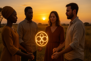 Quatre personnes en cercle tenant un symbole lumineux au coucher du soleil, symbolisant la philosophie Ubuntu.