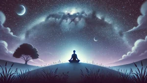 Une silhouette médite en silence dans un paysage nocturne ouvert, sous un ciel profond où s’étire la Voie lactée. Les couleurs bleu nuit, violet et lumière douce créent une ambiance de connexion subtile et de contemplation cosmique.