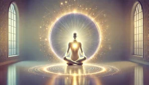 Un être lumineux, assis ou debout dans le calme, est entouré d’un cercle protecteur de lumière. L’arrière-plan doux évoque la paix et l’équilibre entre l’ombre et la lumière. La scène symbolise la sécurité intérieure dans la communication avec les esprits, l’ancrage et la présence sacrée.