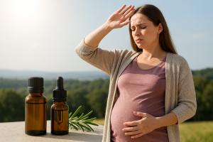 Femme enceinte se protégeant du soleil avec la main, debout près de flacons d'huiles essentielles dans un paysage naturel