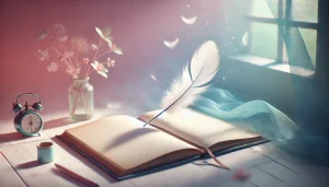 Une page blanche repose dans une lumière douce et naturelle. Juste au-dessus, une plume légère semble flotter ou s’élever, symbolisant l’inspiration retrouvée après une pause créative. L’ambiance est minimaliste, paisible et pleine de possibilités.