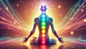 Image d’une personne en méditation avec les chakras alignés, chaque centre énergétique brillant de sa couleur. Un champ lumineux entoure le corps, illustrant l’aura énergétique dans une atmosphère paisible et harmonieuse.
