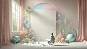 Une personne est assise devant une grande toile blanche et un carnet de croquis ouvert, dans un atelier lumineux et paisible. La lumière naturelle adoucit la scène. L’image symbolise le calme, la créativité en germe, et le potentiel du vide.