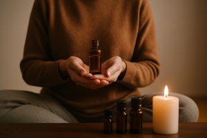 Mains tenant un flacon d'huile essentielle en position de méditation, sur un coussin clair entouré de bougies et d'une lumière tamisée