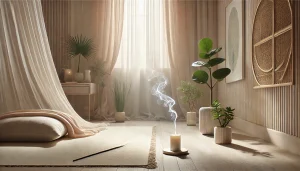 Intérieur minimaliste et lumineux avec de grandes fenêtres, des rideaux légers, des plantes vertes et un bâton d’encens allumé laissant s’élever une fumée douce. L’espace respire la paix, la pureté et une énergie subtilement élevée, dans des tons naturels et pastel pour la purification de la maison.