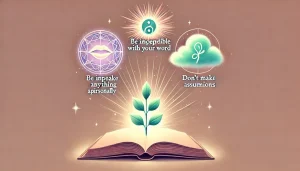 Un livre ouvert repose dans une lumière douce. Au-dessus de ses pages flottent quatre symboles : une bouche lumineuse, une aura protectrice, une forme nuageuse qui se dissipe, et une petite montagne ou plante en croissance — représentant les quatre accords toltèques dans une ambiance calme et sacrée.