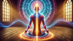 Image d’une personne en méditation, avec les canaux énergétiques Ida, Pingala et Sushumna visualisés le long de la colonne vertébrale. L’environnement est paisible et spirituel, reflétant l’héritage du magnétisme énergétique.