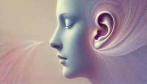 Cette image illustre avec délicatesse l’écoute consciente : un visage serein de profil, des ondes lumineuses symboliques qui évoquent la réceptivité, la sagesse et le silence intérieur