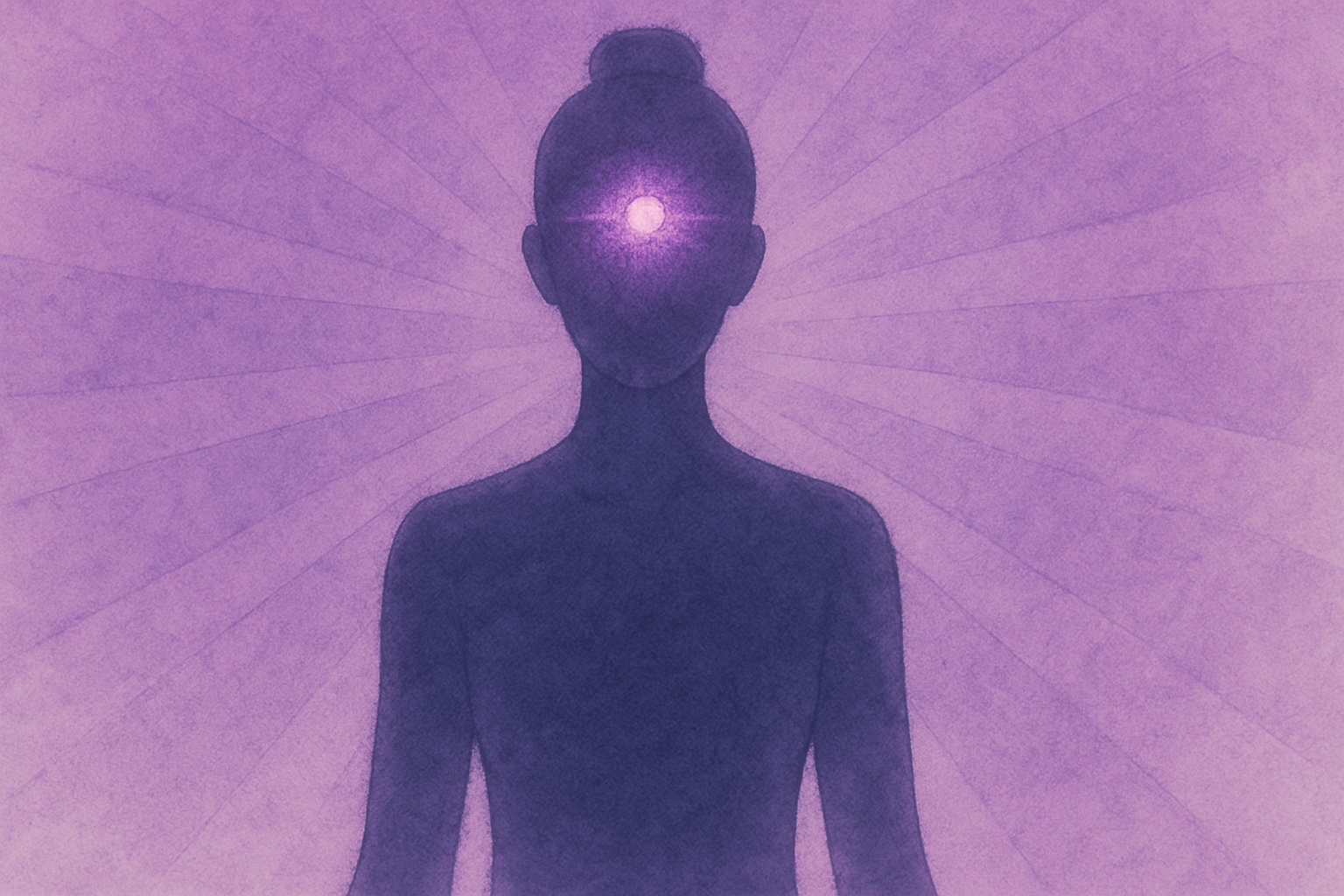 Silhouette féminine debout sur fond violet texturé, avec une sphère lumineuse indigo rayonnante au centre du front, symbolisant le chakra du troisième œil dans une atmosphère paisible et intuitive.