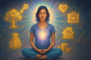 Personne méditant pour manifester ses désirs, avec une aura lumineuse, entourée de symboles dorés représentant l’abondance : maison, argent, arbre, cœur, travail et clé, sur un fond cosmique paisible.