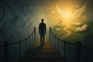 Illustration symbolique d’une personne qui cherche à devenir maitre de sa destinée, sur un pont suspendu entre l’ombre et la lumière, représentant le choix intérieur entre l’Entité-Moins et l’Entité-Plus, dans un contexte de transformation personnelle et de croissance spirituelle.