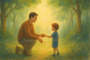 Illustration poétique d’un adulte rencontrant son enfant intérieur dans une forêt lumineuse, représentant une reconnexion symbolique, douce et bienveillante.