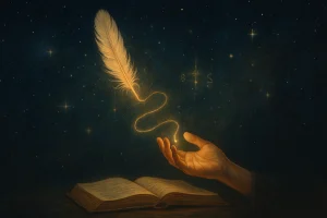 Illustration d'une main ouverte au dessus d'un livre ouvert. Au dessus une plume traçant une ligne vers la main pour représenter la synchronicité. L'arrière plan est symbolique et cosmique.
