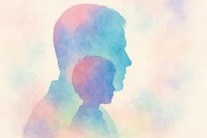 Silhouette d’un adulte en profil aquarelle pastel, dans laquelle s’inscrit celle de l'enfant intérieur en teintes douces bleu, violet et rose, sur fond nuageux coloré.