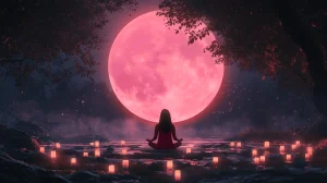 Une personne assise en méditation dans un cercle de bougies pratiquant le rituel de pleine lune. Sous une pleine lune rose, dans un décor naturel apaisant
