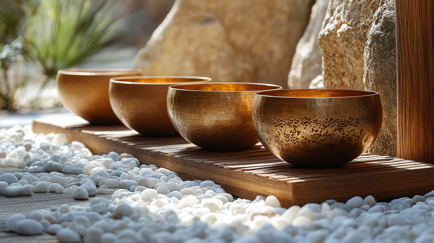 Quatre bols chantants posés sur une planche de bois, dans une ambiance zen. Pour soutenir ma musique