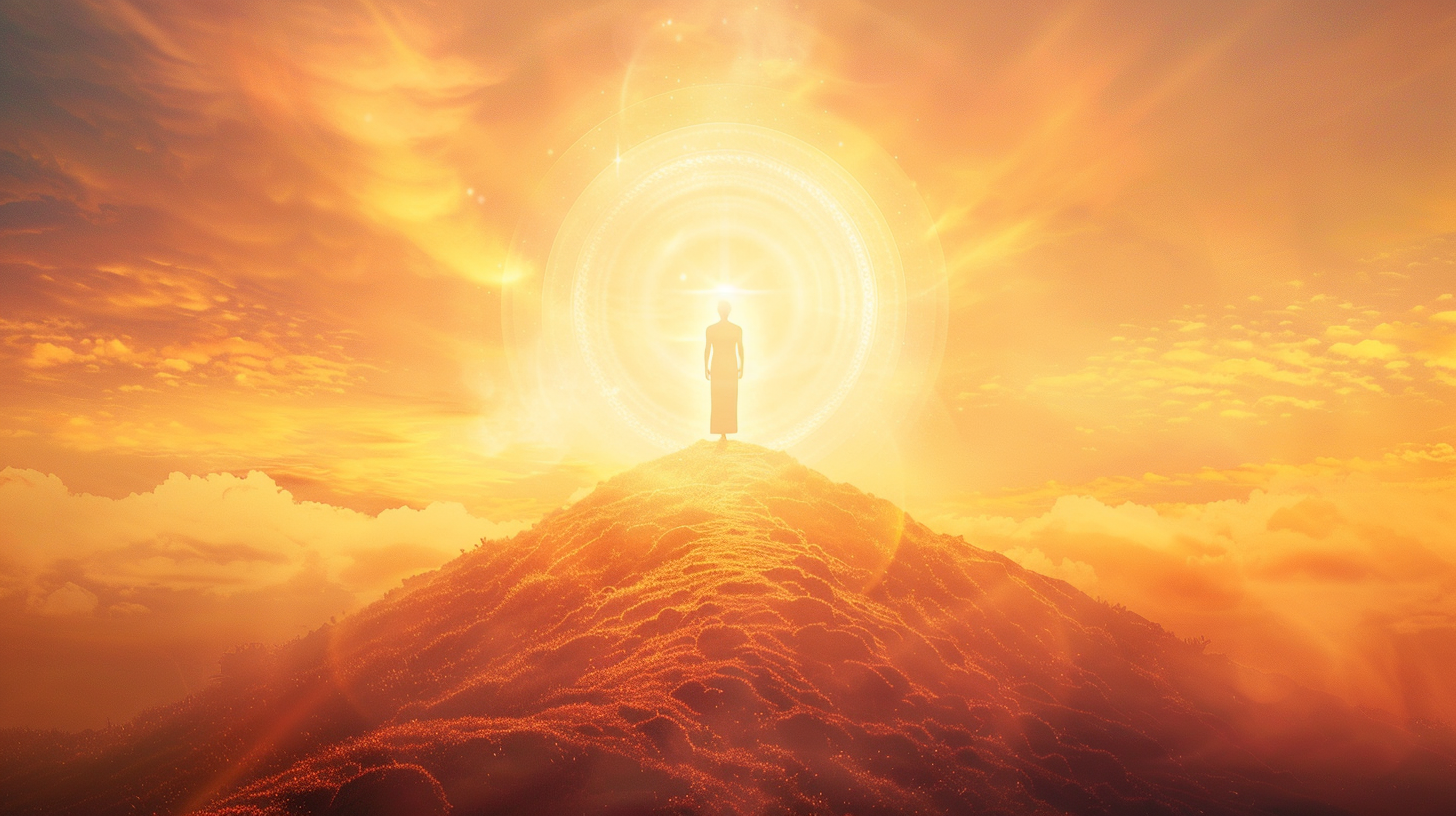 Une silhouette se tenant debout au sommet d'une colline. La lumière du soleil formant un halo autour de l'être, reflétant le symbole de la lumière spirituelle.