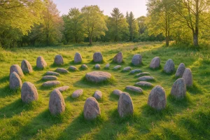 Représentation du symbole du cercle. Photographie d'un cercle de pierres en formation mandala dans une clairière verdoyante, entouré d’arbres et baigné de lumière dorée du soir.