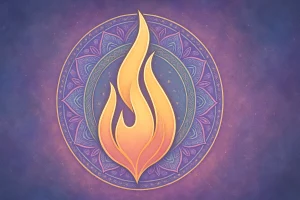 Symbole du feu: Image d'une flamme rose-orangée stylisée s’élevant au centre d’un mandala orné de motifs floraux dans des tons violet, bleu et or, sur un fond cosmique texturé.