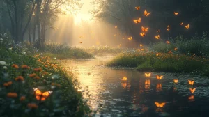 Paysage serein au soleil levant. Des papillons orangés virevoltent au dessus d'une rivière calme, évoquant le principe de transformation.