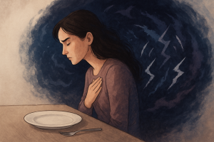 Une jeune femme est assise seule à une table avec une assiette vide devant elle. Son visage exprime la tristesse et le repli. Des formes floues et sombres en arrière-plan évoquent la lutte intérieure et l’image de soi déformée, symbolisant le combat invisible des troubles du comportement alimentaire.