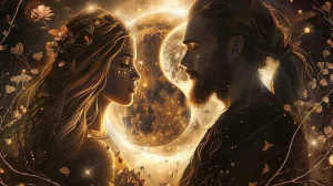 Illustration symbolique des archétypes féminins et masculins : une femme entourée de la lune et des étoiles face à un homme irradié par le soleil, avec un symbole yin yang au centre, représentant l’harmonie des polarités intérieures.