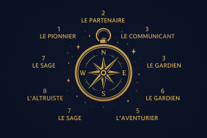 Illustration de la numérologie et du chemin de vie: d'une boussole dorée au centre d’un fond bleu nuit, entourée des 9 archétypes numérologiques en français, disposés en cercle : Le Pionnier, Le Partenaire, Le Communicant, Le Gardien, L’Aventurier, Le Sage, L’Altruiste, Le Réalisateur et Le Bâtisseur. Chaque intitulé est accompagné de son numéro correspondant, avec un style épuré et doré.