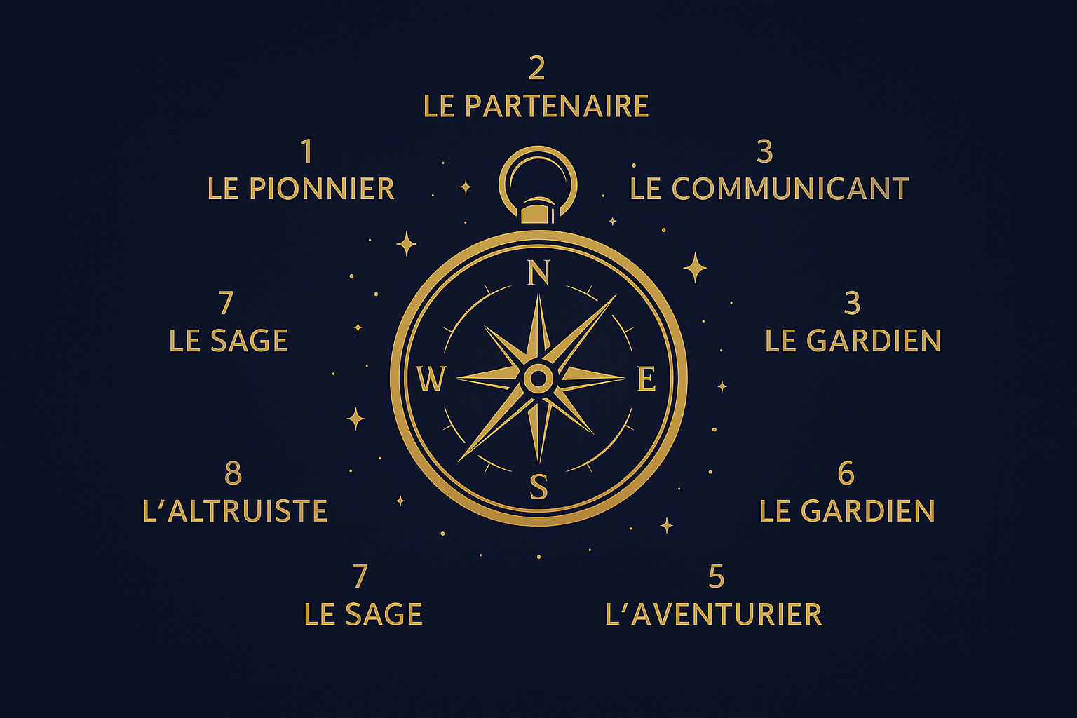 Illustration de la numérologie et du chemin de vie: d'une boussole dorée au centre d’un fond bleu nuit, entourée des 9 archétypes numérologiques en français, disposés en cercle : Le Pionnier, Le Partenaire, Le Communicant, Le Gardien, L’Aventurier, Le Sage, L’Altruiste, Le Réalisateur et Le Bâtisseur. Chaque intitulé est accompagné de son numéro correspondant, avec un style épuré et doré.